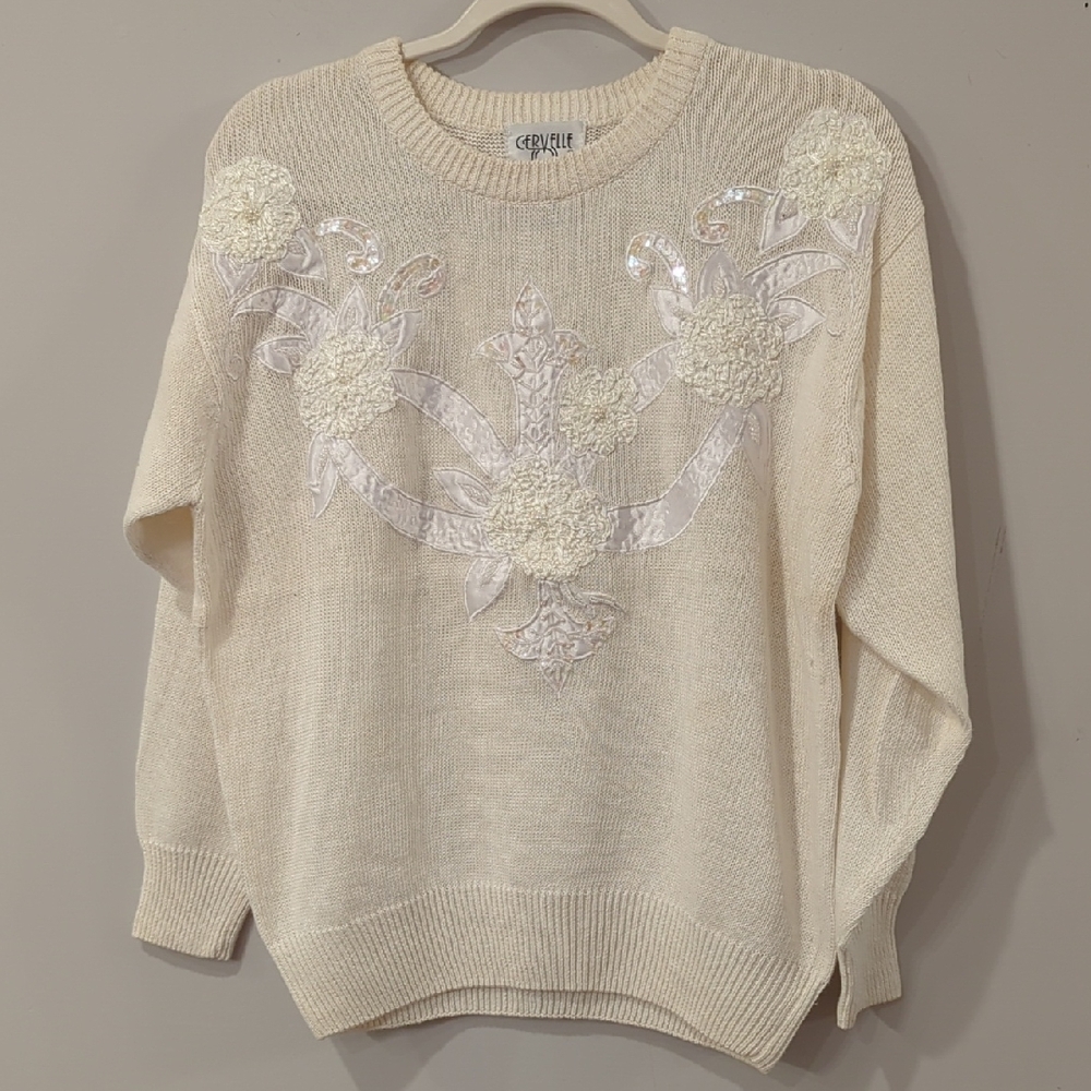 Vintage Sweater with Floral Embellishments Cream Ramie Cotton size‎ Small